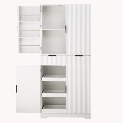 Fluted Kitchen Pantry Cabinet With 3 Keyboard Drawers & 6 Adjustable Door Shelves