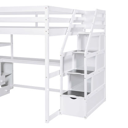 Loft Bed With Desk, Shelves, 2 Drawers, Storage Staircase