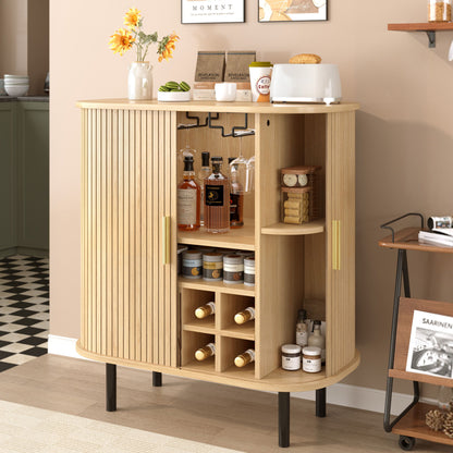 Fluted Wine Bar Cabinet With 8 Grid Wine Rack, 5 Level Adjustable Shelves, 2 Glass Holders