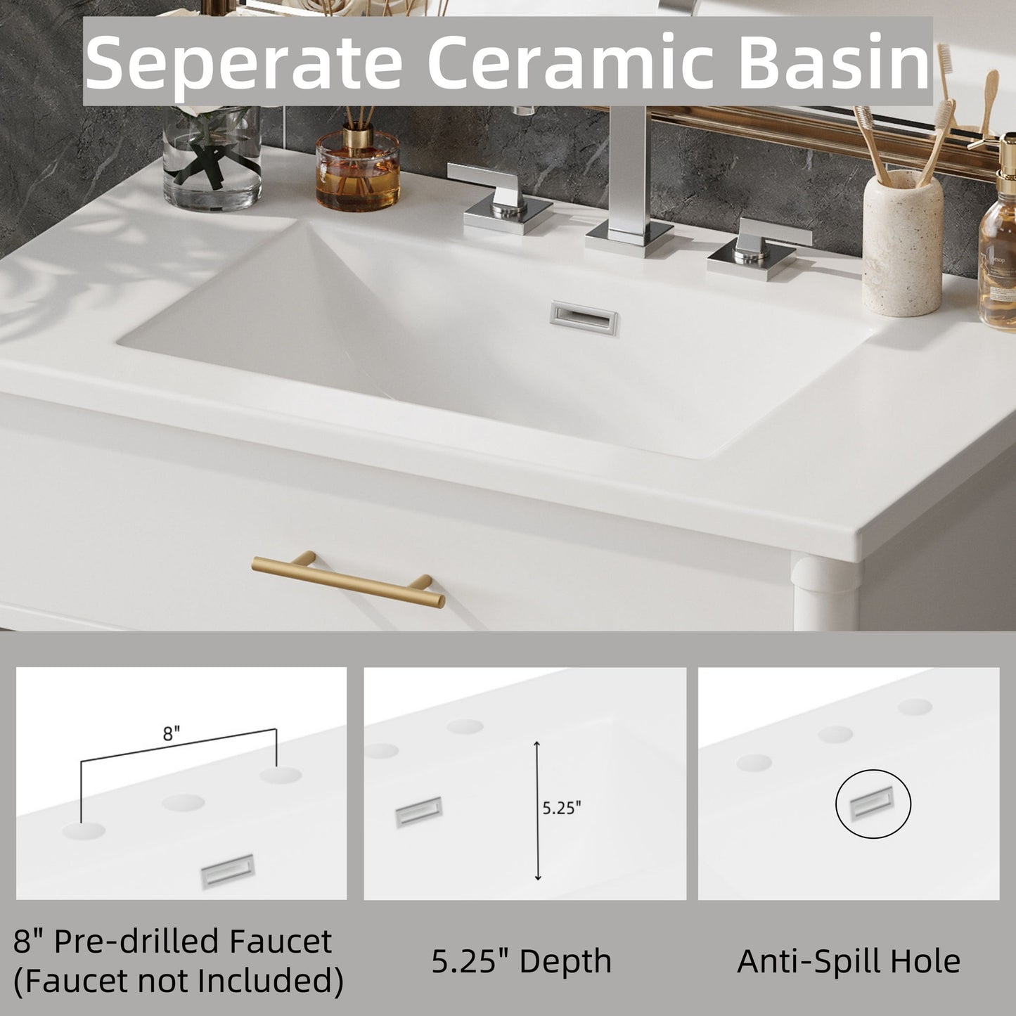 Bathroom Vanity With Sink, Soft Close Doors And Adjustable Shelf