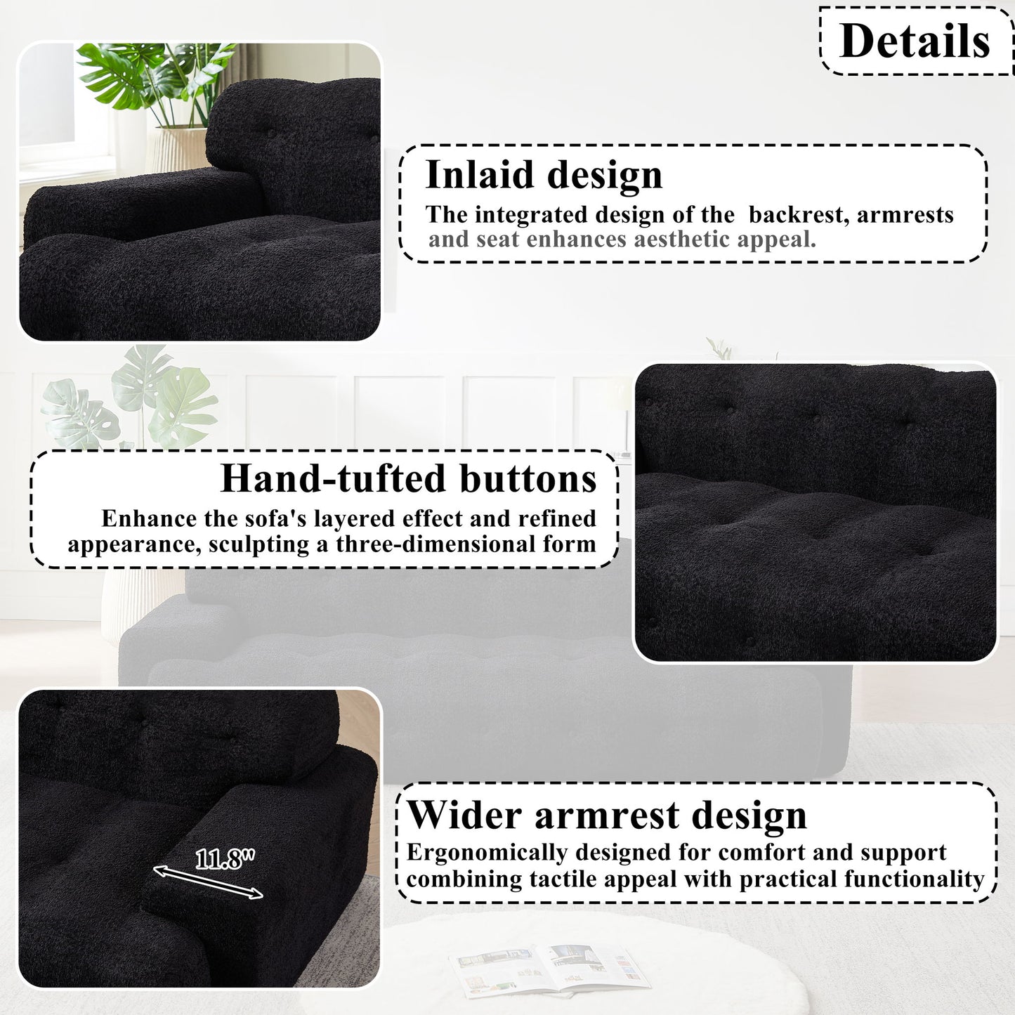Cloud Series Minimalist Button Tufted Square Arm 3 Seater Sofa