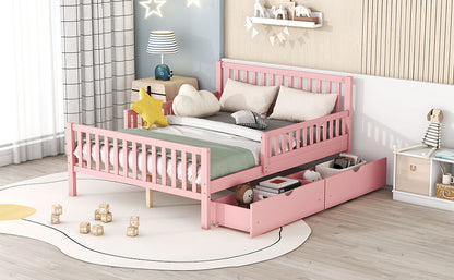 Platform Bed With Guardrails On Both Sides And 2 Storage Drawers