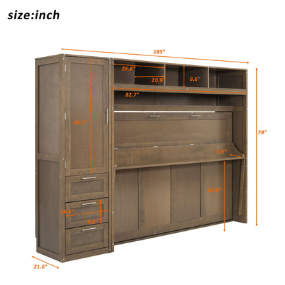 Full Size Murphy Bed With Wardrobe, Drawers, And Open Shelves - Wood