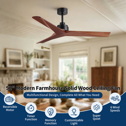 Ceiling Fan Without Light, DC Motor, No Light, Quiet Reversible Ceiling Fan For Living Room - Black