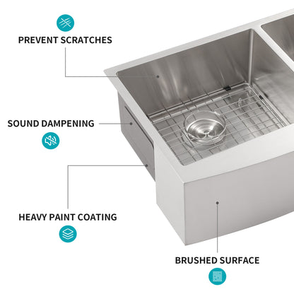 Double Bowl Sink 60 / 40 Split Apron Front Kitchen Sink In 16 Gauge With 2 10" Deep Basins 33" X21" X10" - Brushed Nickel