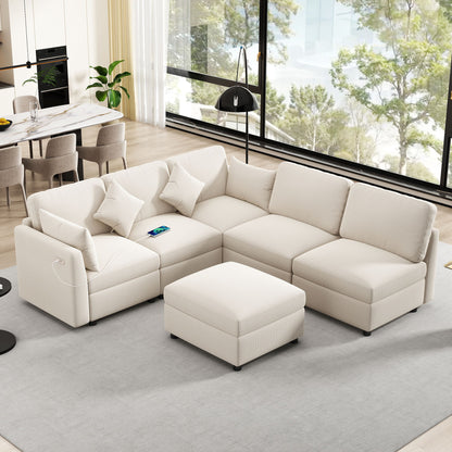Sectional Sofa Modular U-Shaped With Ottoman & USB Ports