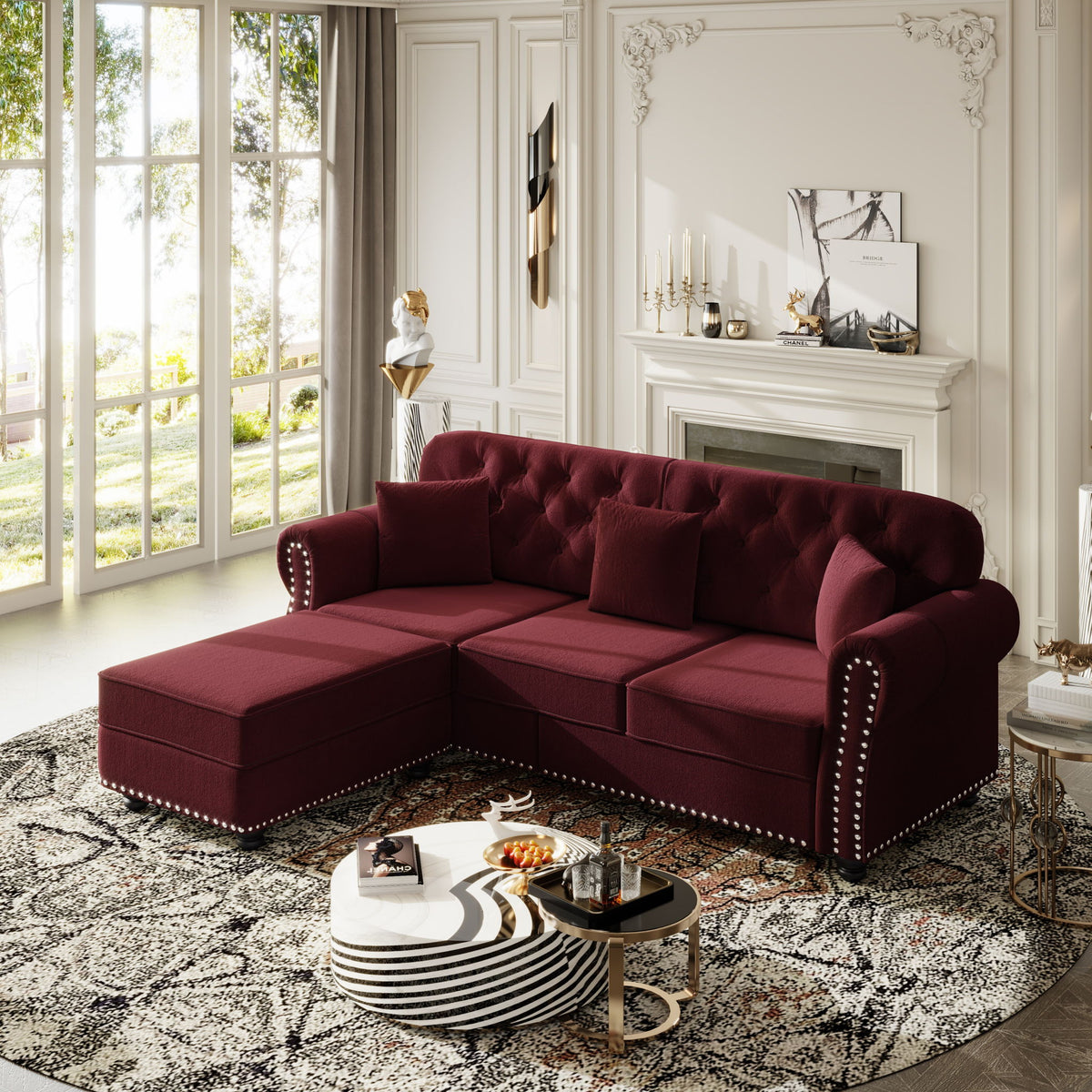 Upholstered 3 Seater Sofa Set With Ottoman