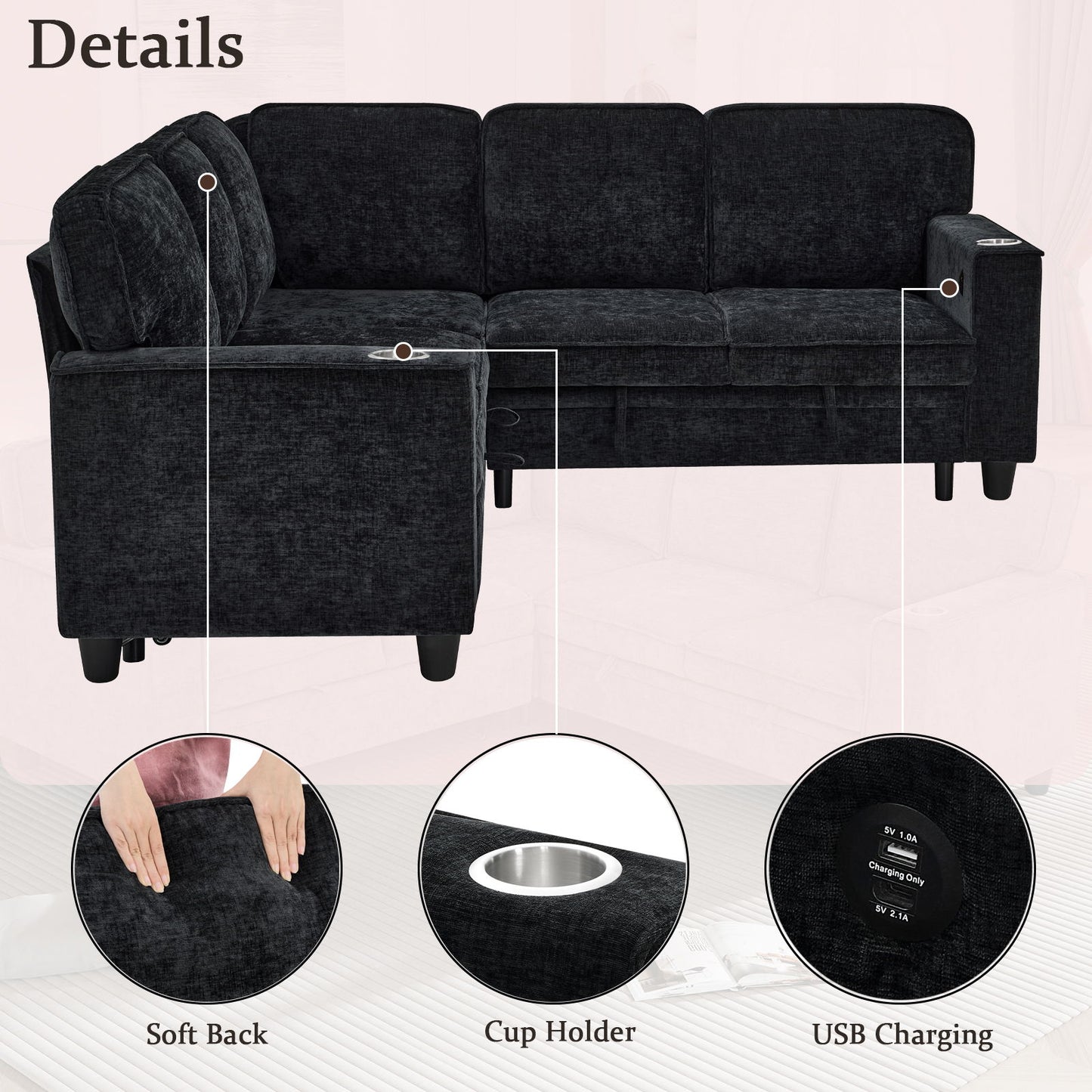 L-Shaped Sofa With Pull Out Sofa Bed With USB