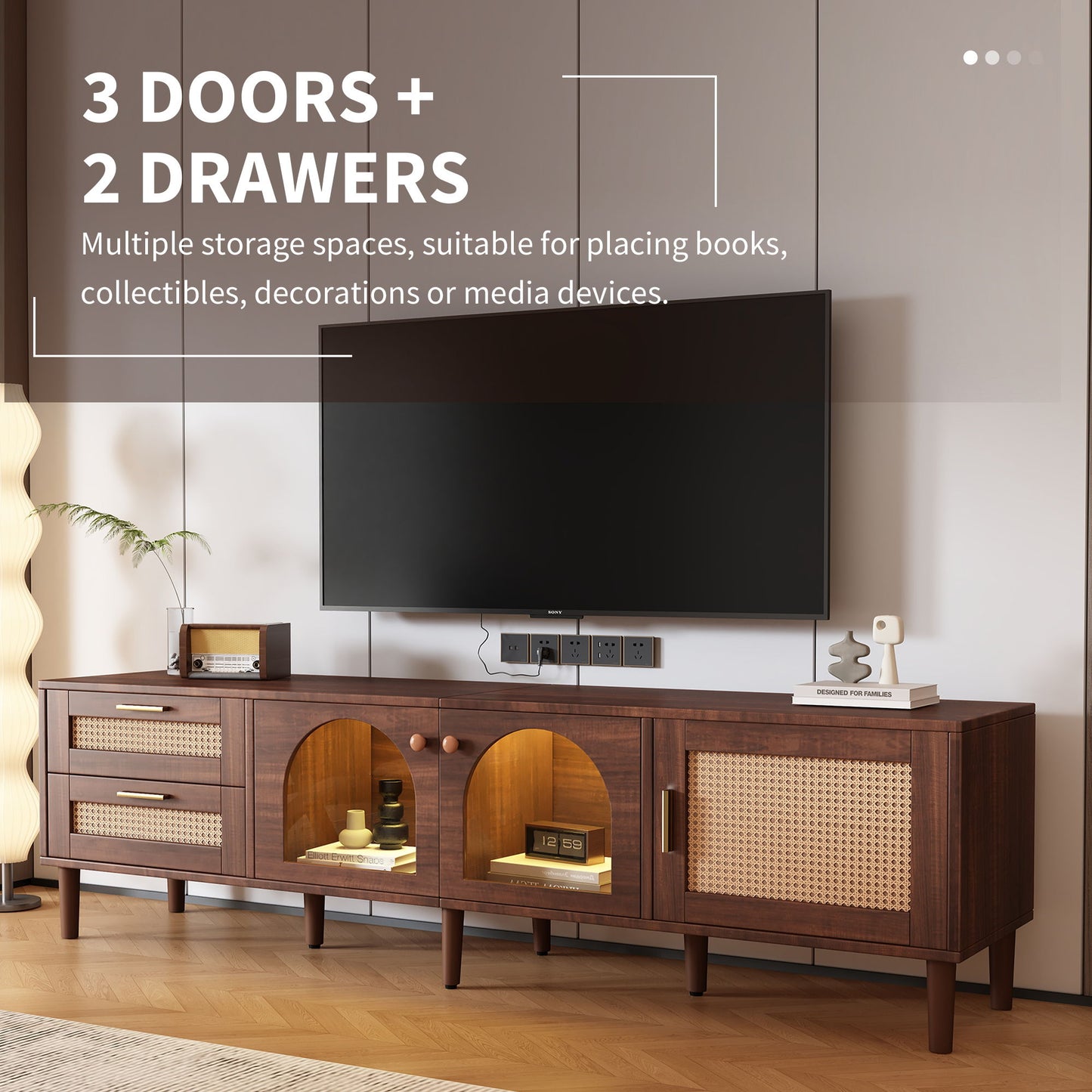 TV Stand With 3 Cabinets & 2 Drawers, LED Light Media Console For TVs Up To 80" - Dark Brown