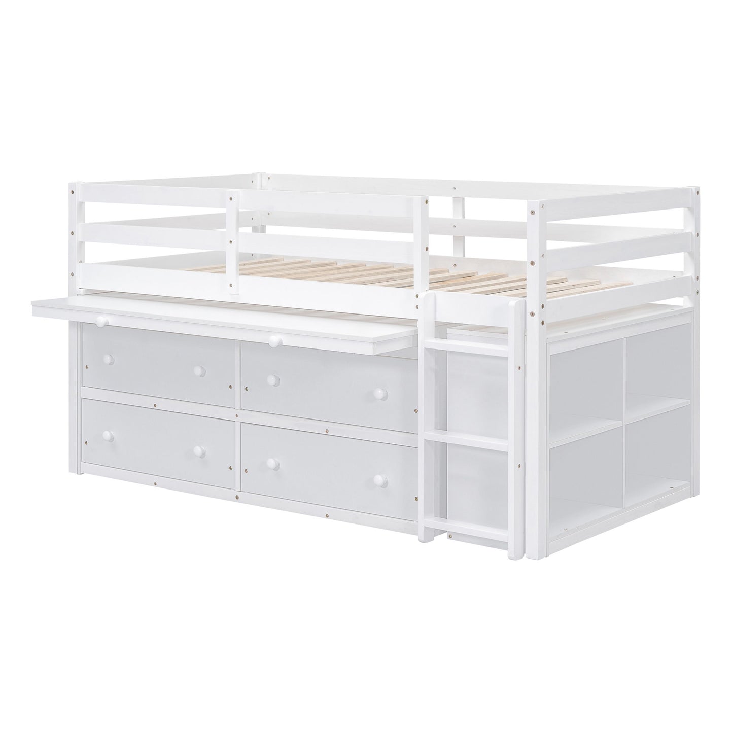 Loft Bed With Retractable Writing Desk And 4 Drawers, With Lateral Portable Desk And Shelves
