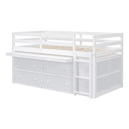 Loft Bed With Retractable Writing Desk And 4 Drawers, With Lateral Portable Desk And Shelves