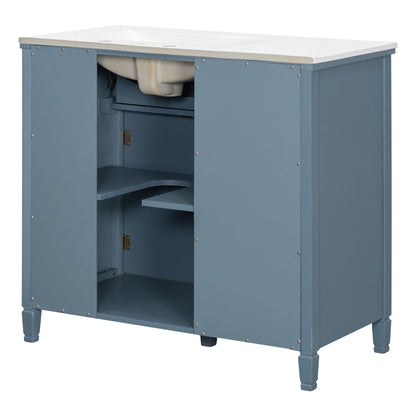 Modern Bathroom Vanity With Ceramic Sink, Freestanding, One Tip Out Drawer, 3 Side Drawers, Adjustable Shelf