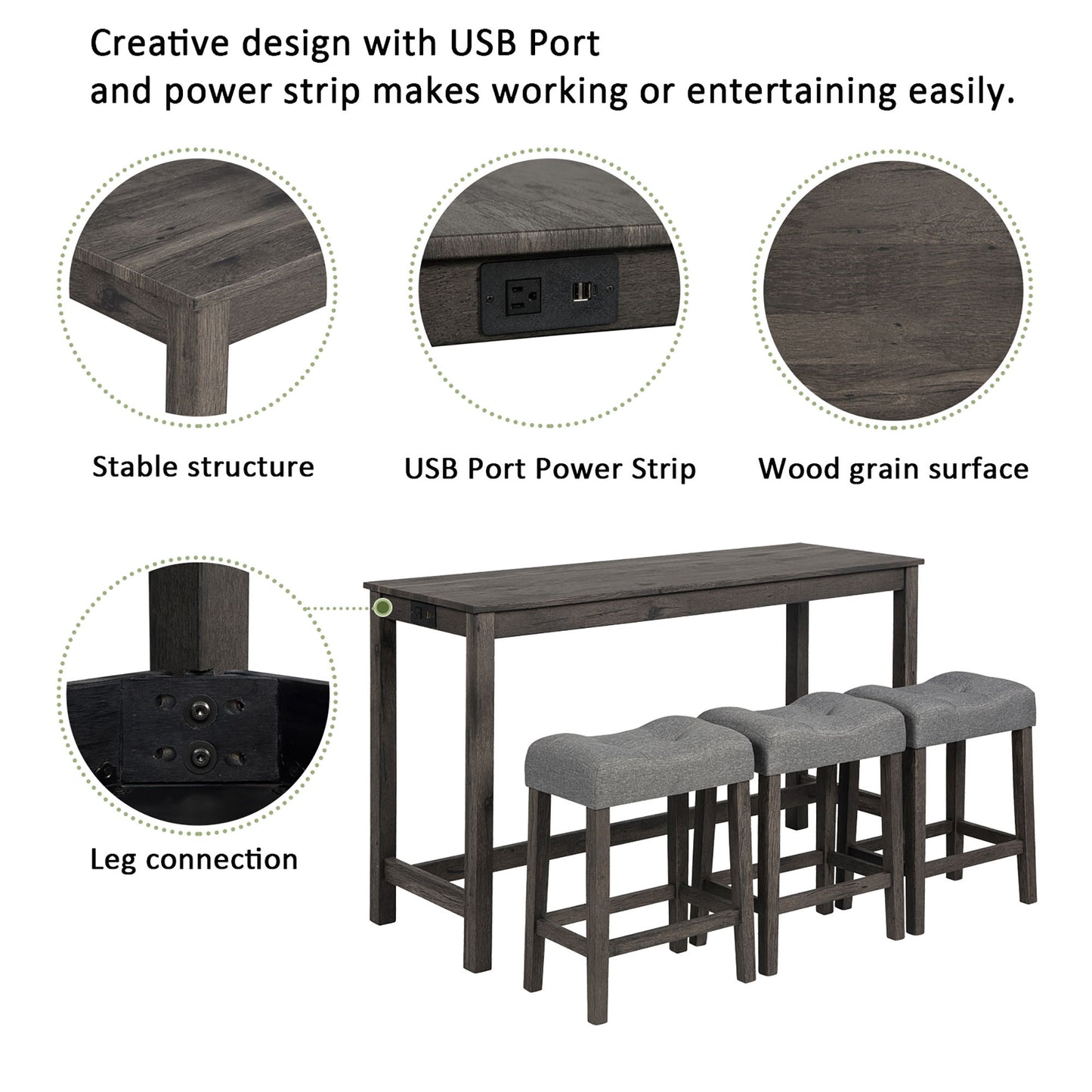 4 Piece Bar Table Set With Power Outlet, 3 Padded Stools