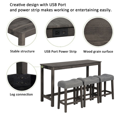 4 Piece Bar Table Set With Power Outlet, 3 Padded Stools