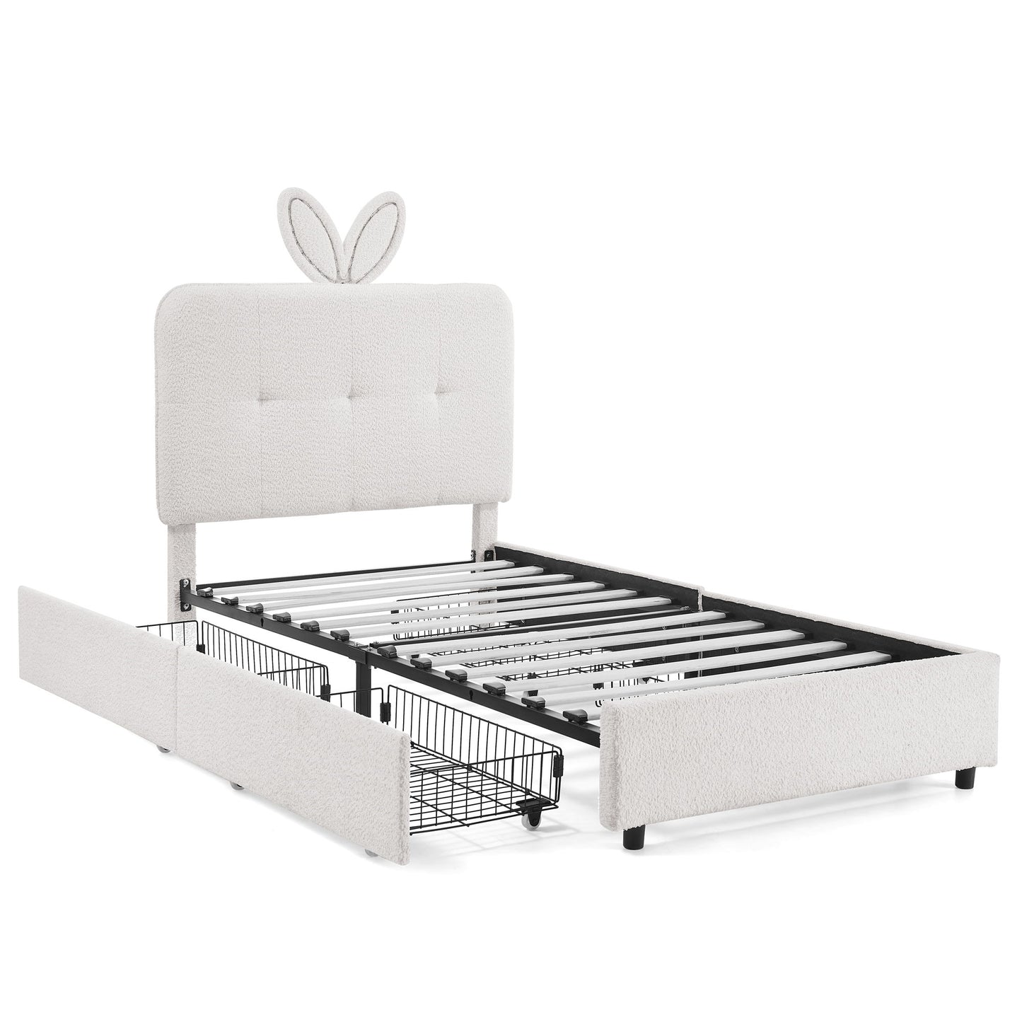 Upholstered Bed With Oversized Rabbit Ear Headboard, LED Lights & 4 Storage Drawers