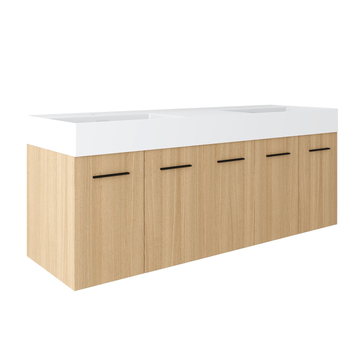 Floating Double Sink Bathroom Vanity With Extra Large Storage, Integrated Sink, Soft Close Doors, Wall Mounted Bath Vanity - Glossy White / Light Oak