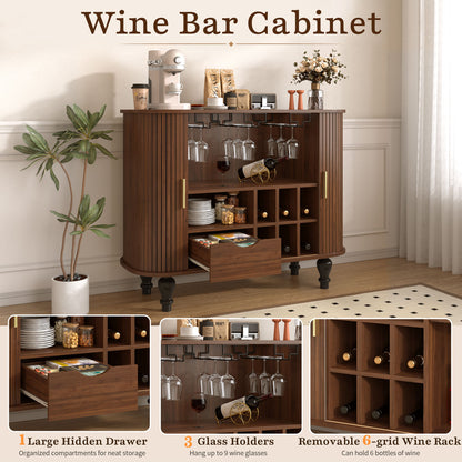 Fluted Liquor & Coffee Bar Cabinet With 6 Wine Racks And 3 Glass Holders