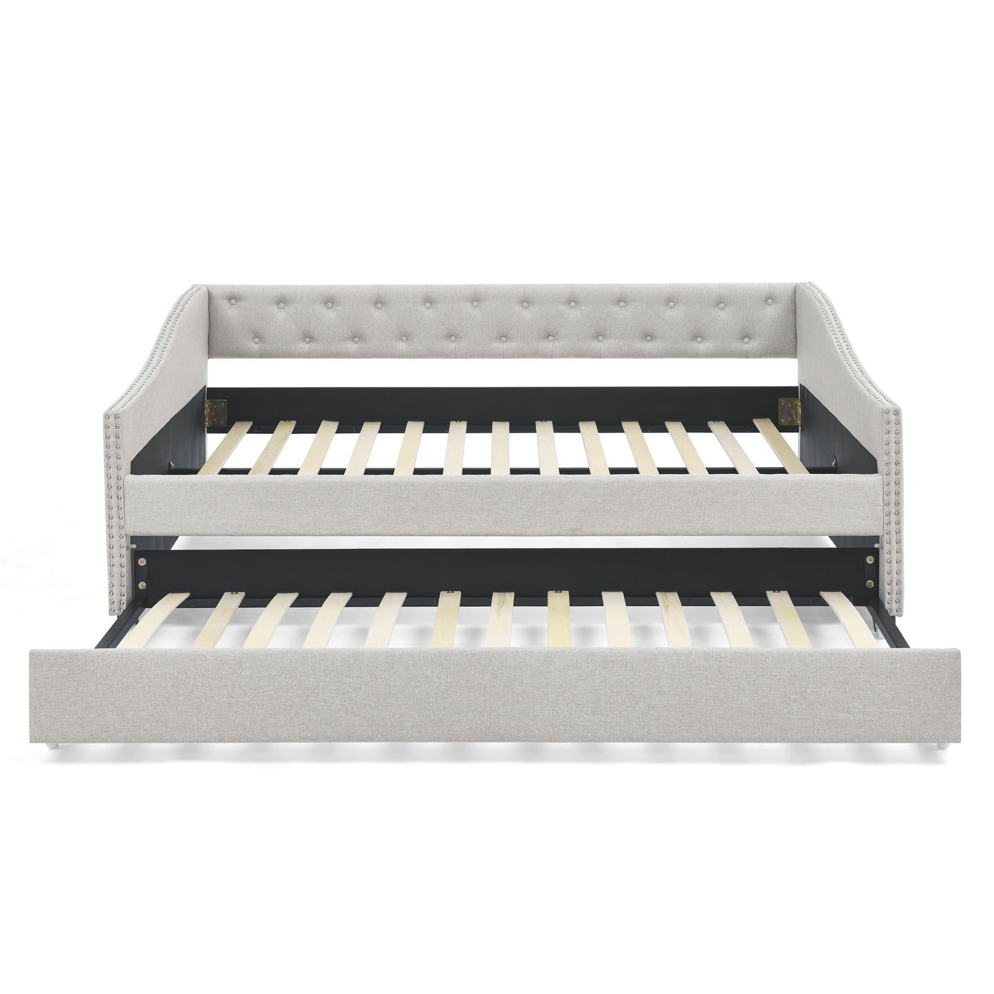 Upholstered Tufted Daybed With Drawers, Waved Arms