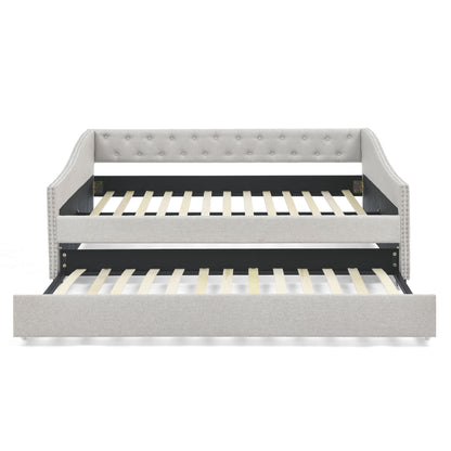 Upholstered Tufted Daybed With Drawers, Waved Arms