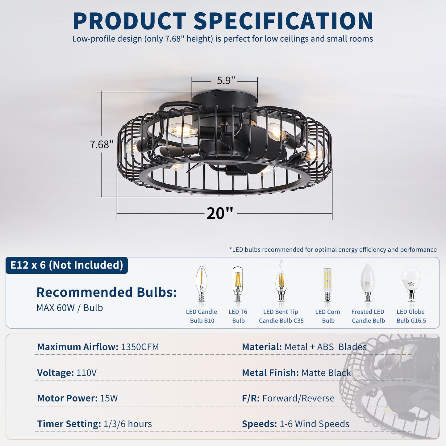 Flush Mount Ceiling Fan With Lights, Low Profile Fandelier With E12 Sockets, Reversible DC Motor, 6 Speeds - Black