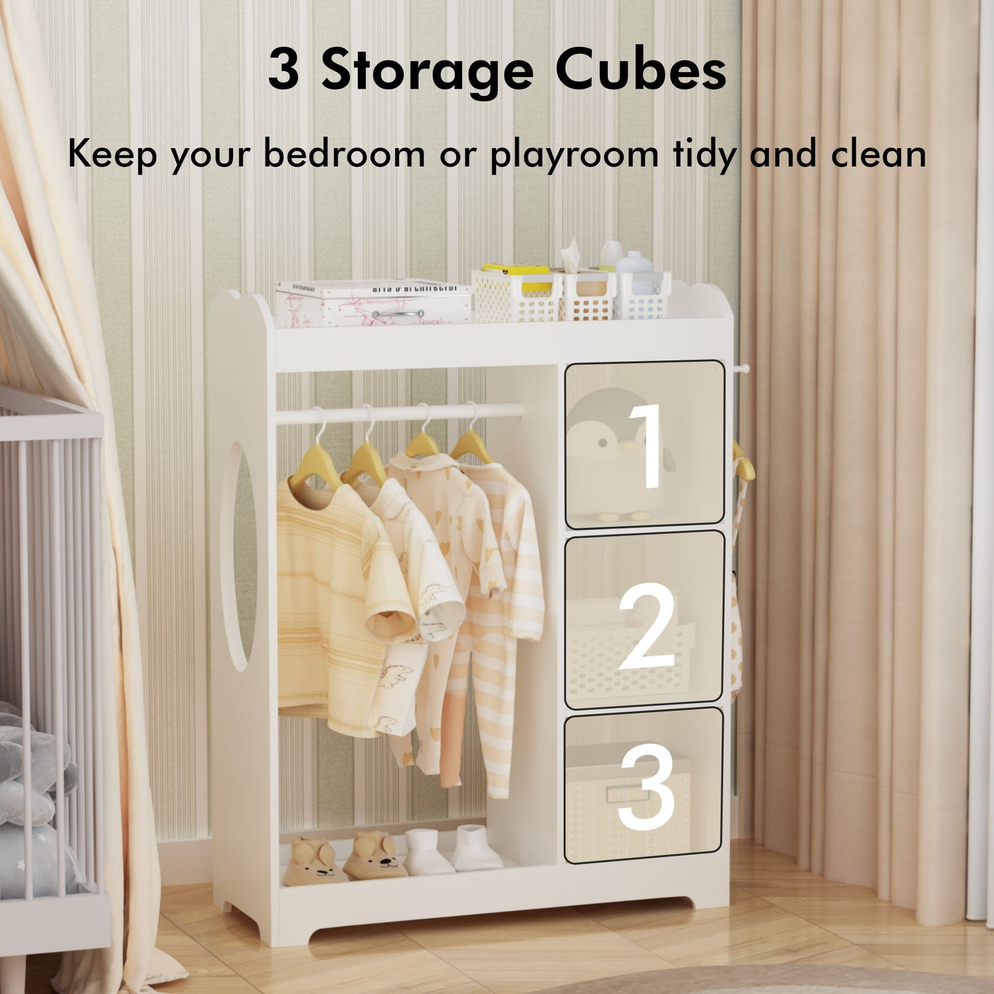 Dress Up Storage With Mirror And Hooks, Clothes Rack With Hanging Rod, 3 Side Hooks, Open Shelves, Top Shelf Organizer - White