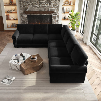 L-Shaped Sofa Couch With Pull Out Bed With Nailhead Trim & Rolled Arm