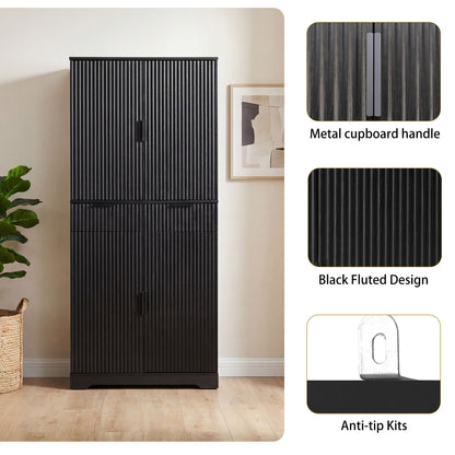 Fluted Kitchen Pantry Cabinet With 3 Keyboard Drawers & 6 Door Shelves Adjustable