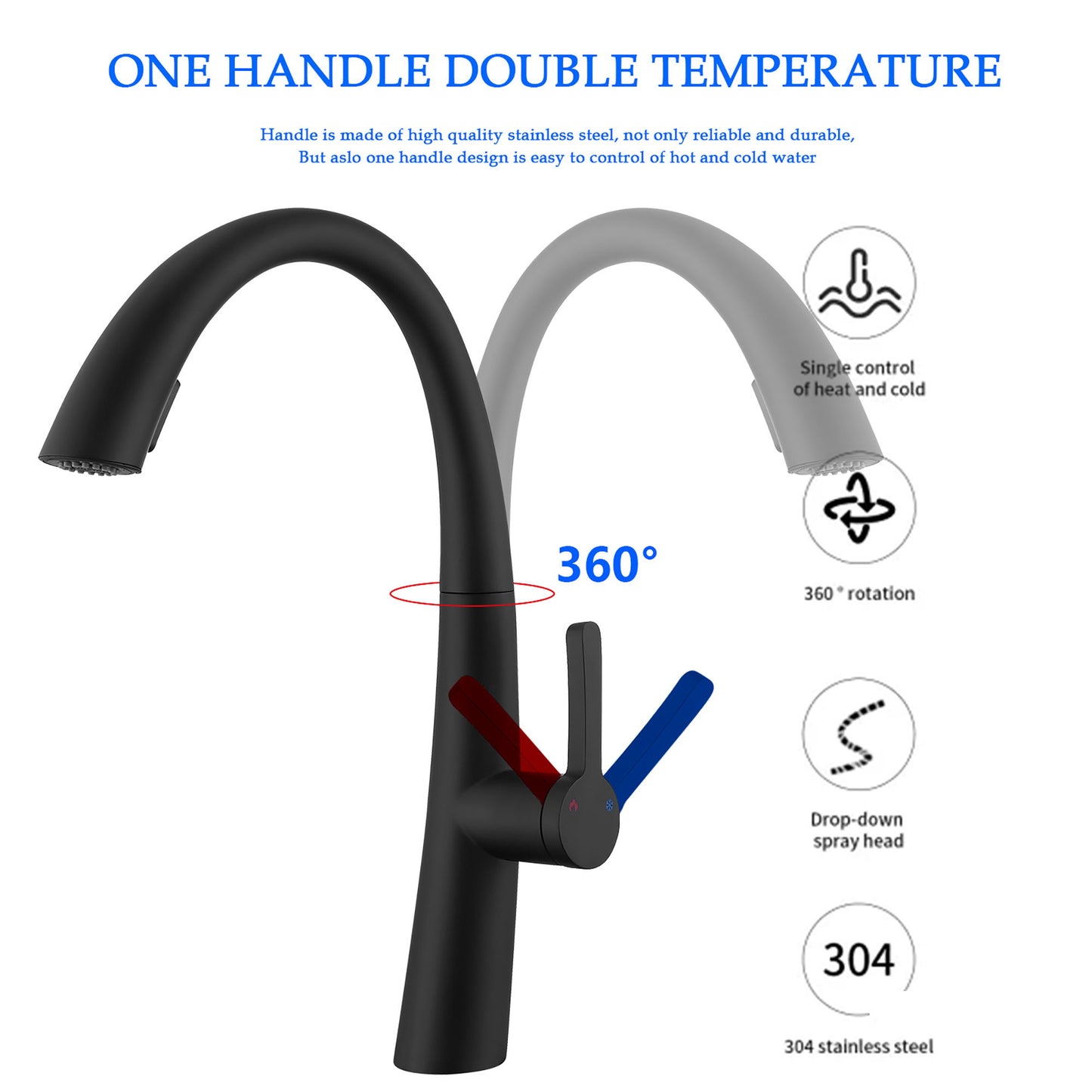 Elegant Single Handle Stainless Steel Pull Out Kitchen Faucet With High Arch Spout