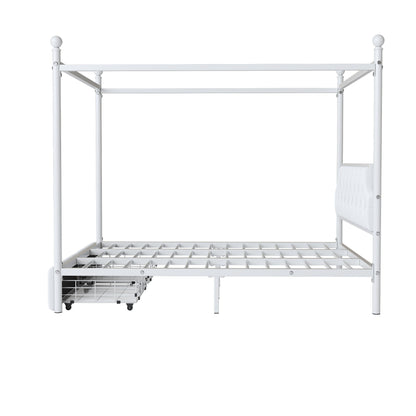 Queen Size Canopy Platform Bed With Upholstered Headboard And 2 Storage Drawers - White