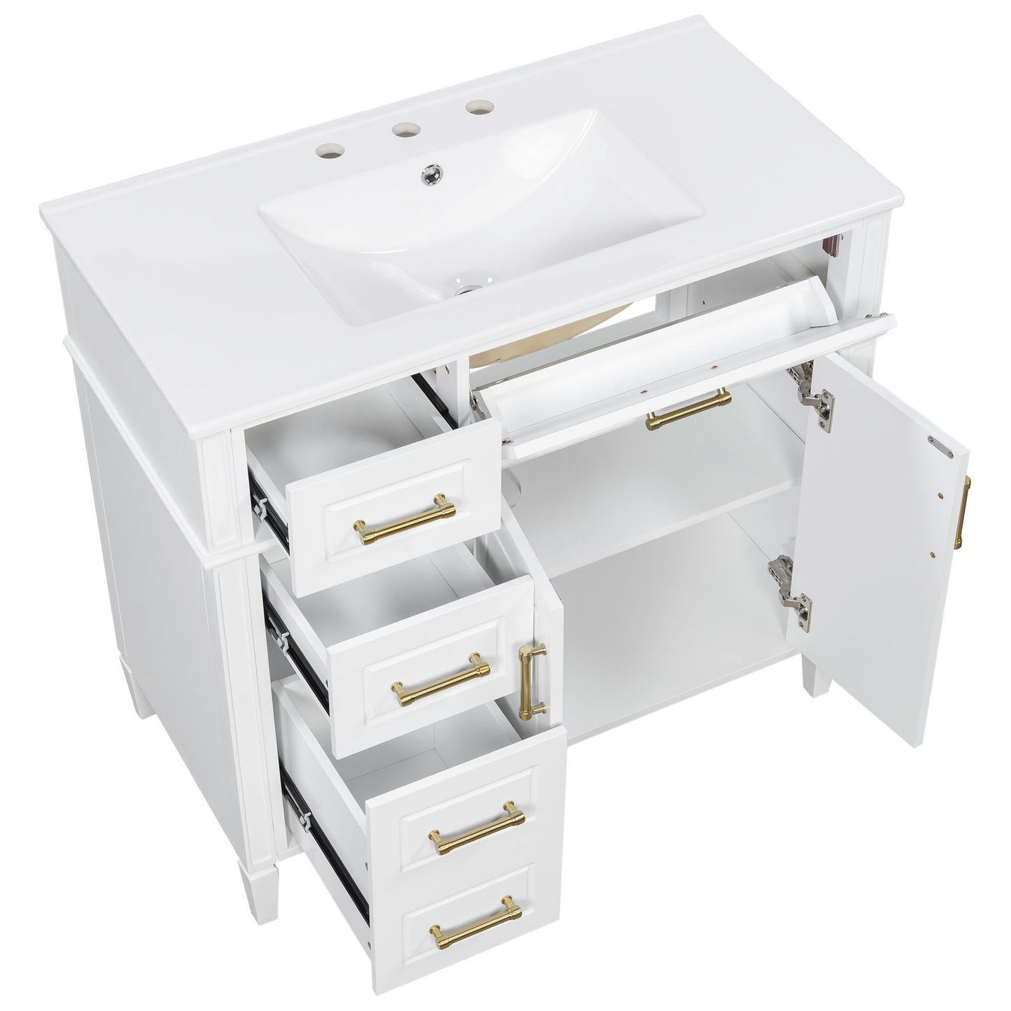 Bathroom Vanity With Sink, 4 Drawers (1 Flip Drawer), 2 Doors & Adjustable Shelf - White