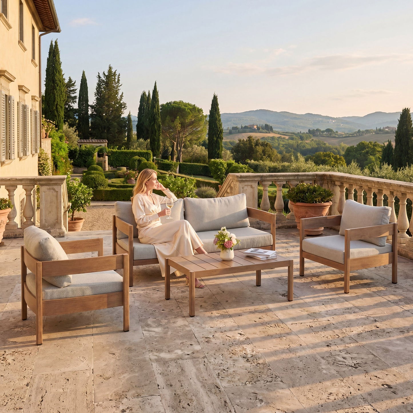 Outdoor Sofa Set Of 3 With Weather Resistant Cushions (Coffee Table Not Included) - Oak