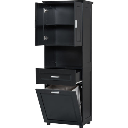 Tall Bathroom Cabinet With Tilt-Out Laundry Basket And Upper Storage