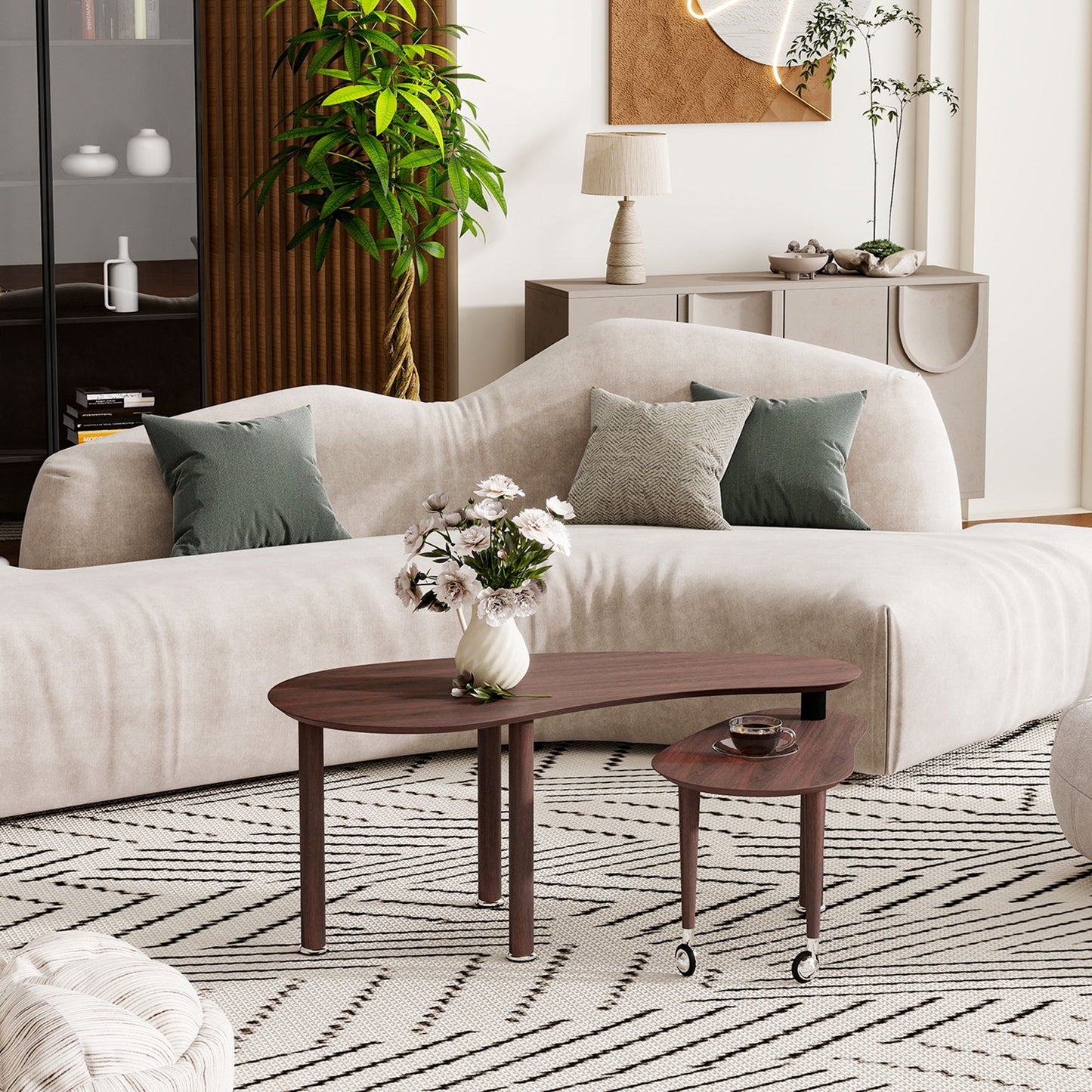 Rotatable Coffee Table With Solid Legs, 360 Degree Swivel, Waterproof - Walnut