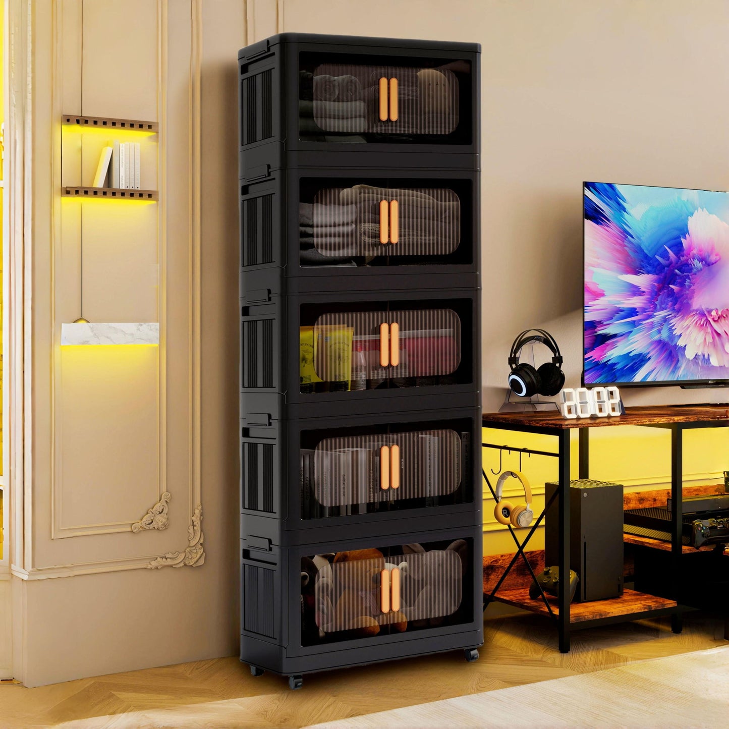 Folding Storage Cabinet With Magnetic Doors And Wheels