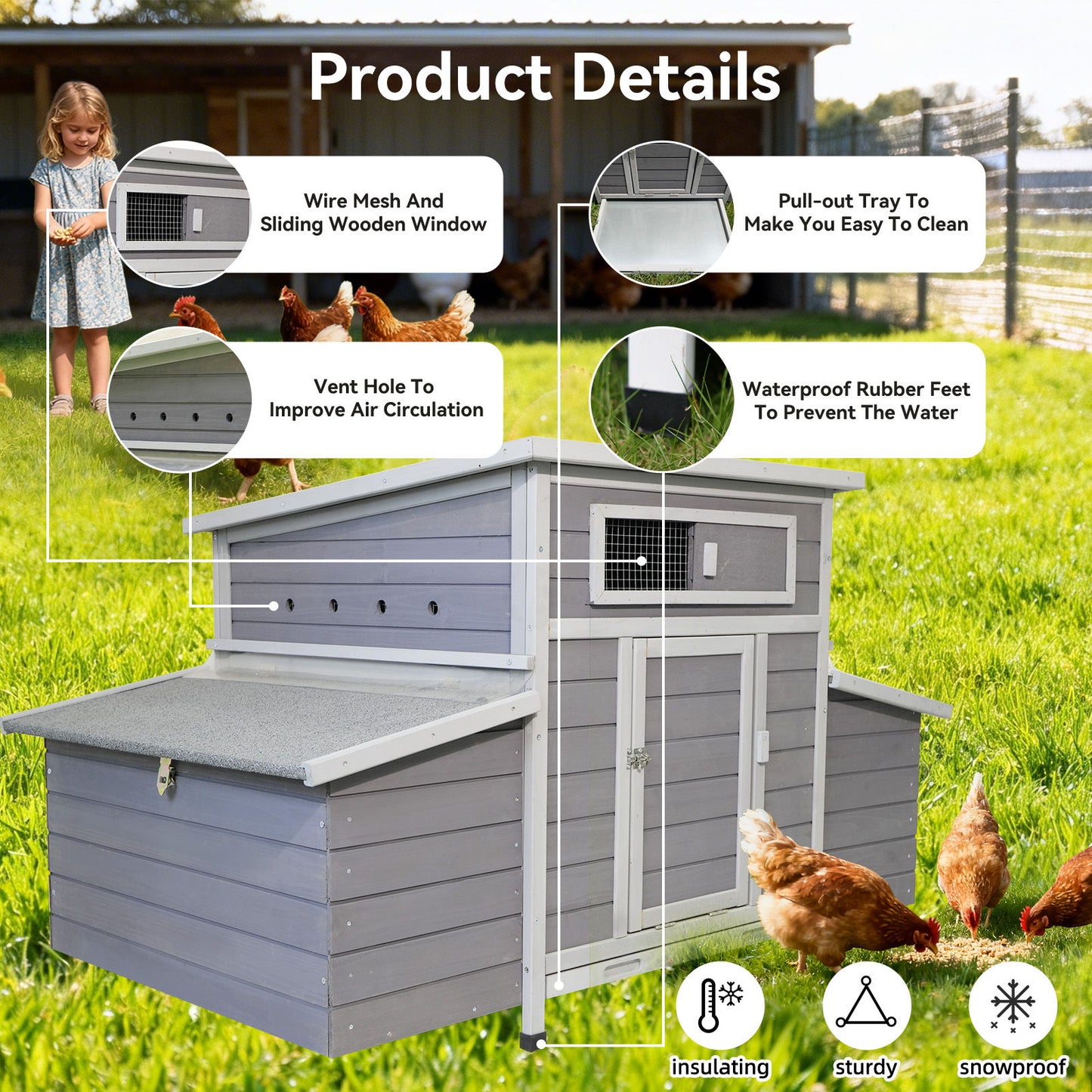 Chicken Coop, Large Outdoor Hen House With Run And Nesting Box Poultry Cage, Rabbit Hutch - Gray