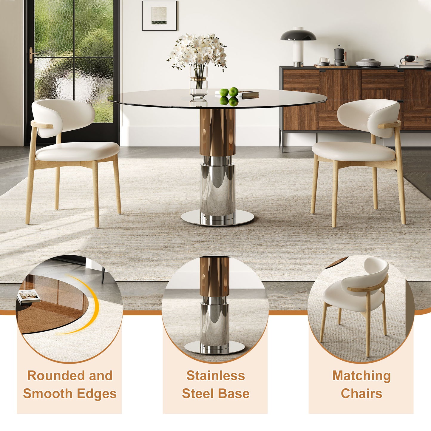 Round Dining Table & Tempered Glass Top - Brown