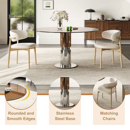 Round Dining Table & Tempered Glass Top - Brown