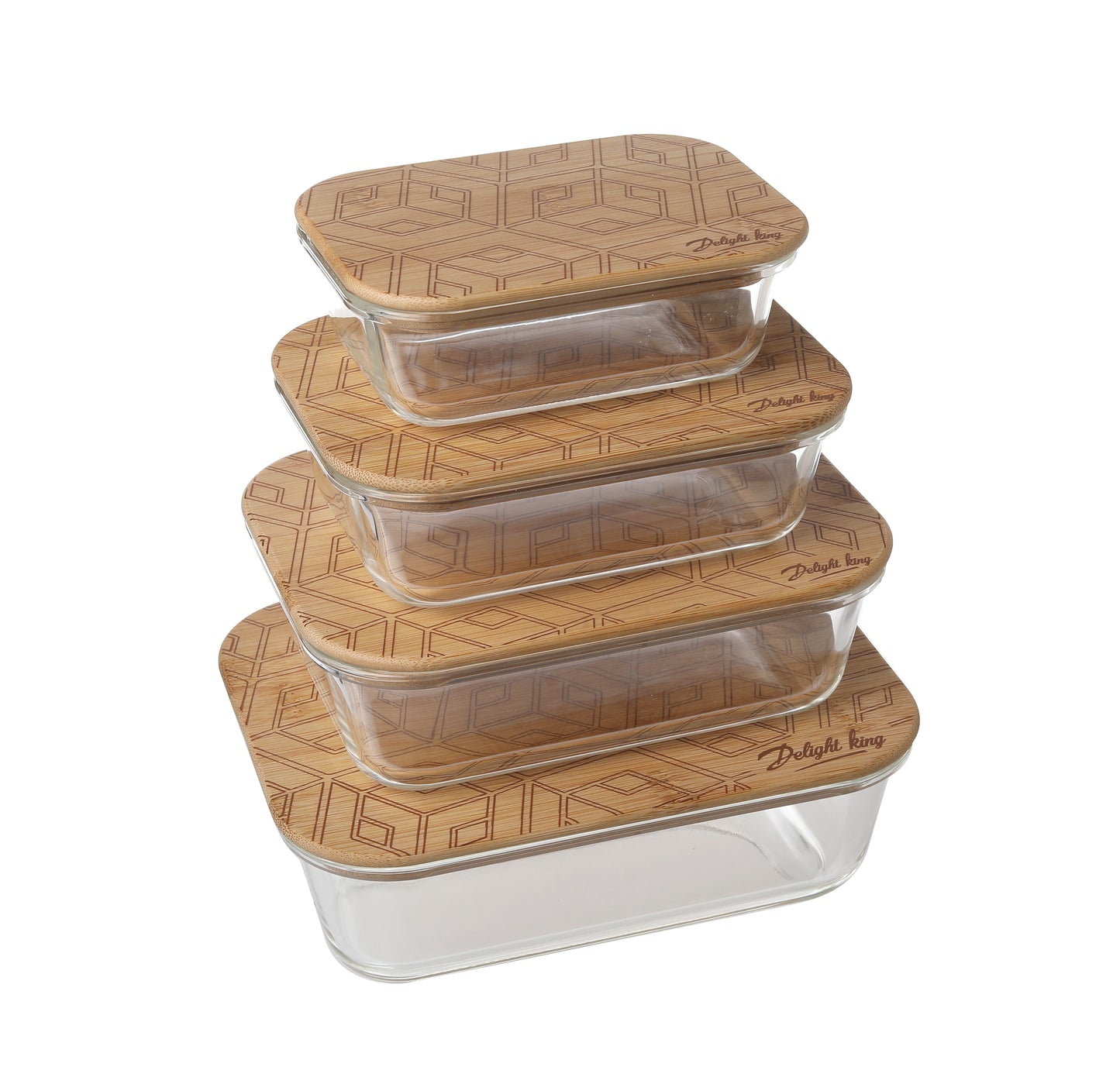 Delight King 4-Piece Set, High Borosilicate Glass Food Storage Containers with Eco-Friendly Bamboo Lids - Microwave, Oven, Freezer, Dishwasher Safe - Meal Prep, Fridge Organizer, Clear Storage Bins