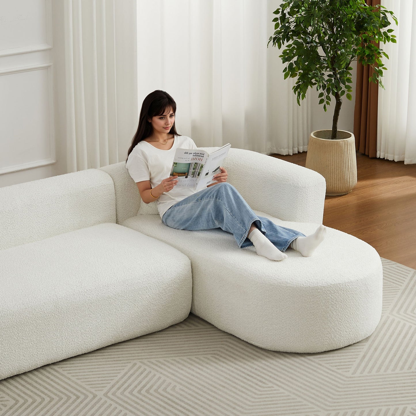 L - Shape Boneless Cloud Couch With 2 Throw Pillows For Living Room
