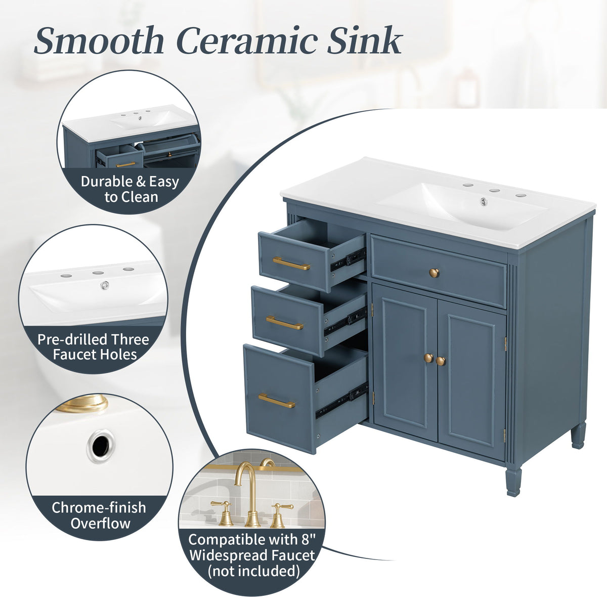 Bathroom Vanity With Sink, 1 Tip Out Drawer, 3 Side Drawers, Adjustable Shelf