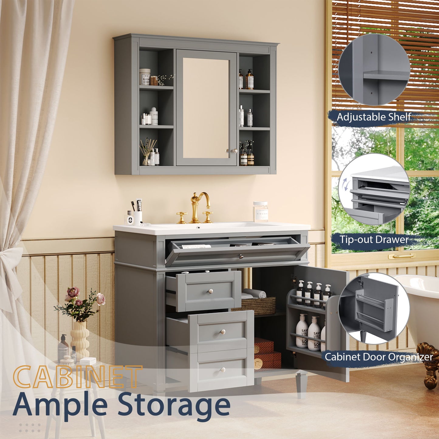 Bathroom Vanity With Mirror Cabinet, Single Sink With 2 Soft Closing Doors And 4 Drawers