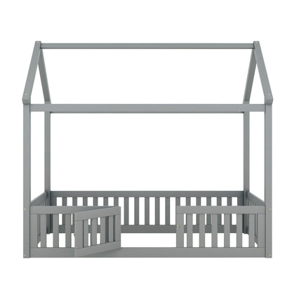 Wood House Bed With Fence And Door