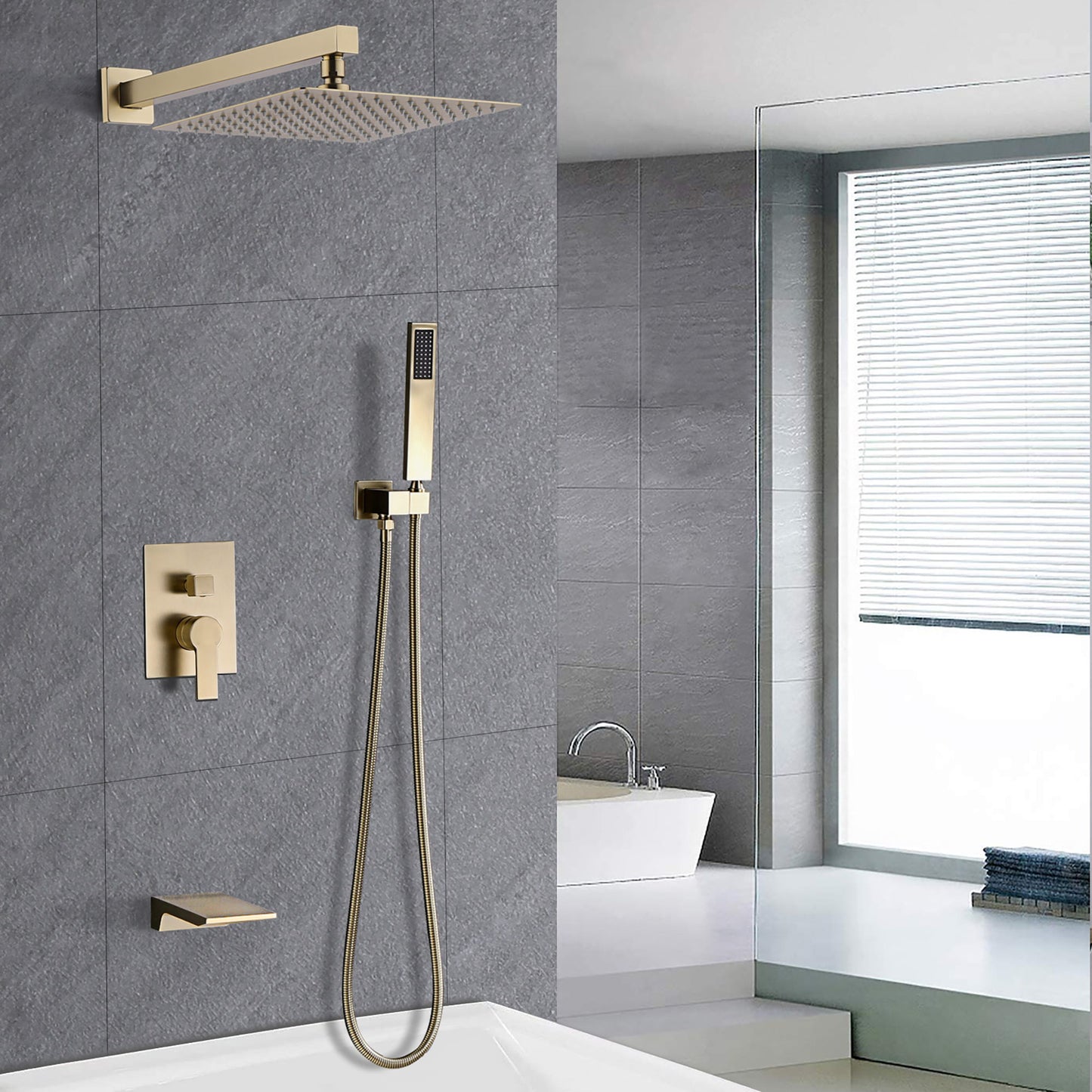 Tub Shower Faucet Set With 12" Rain Shower Head And Handheld Spray Combo