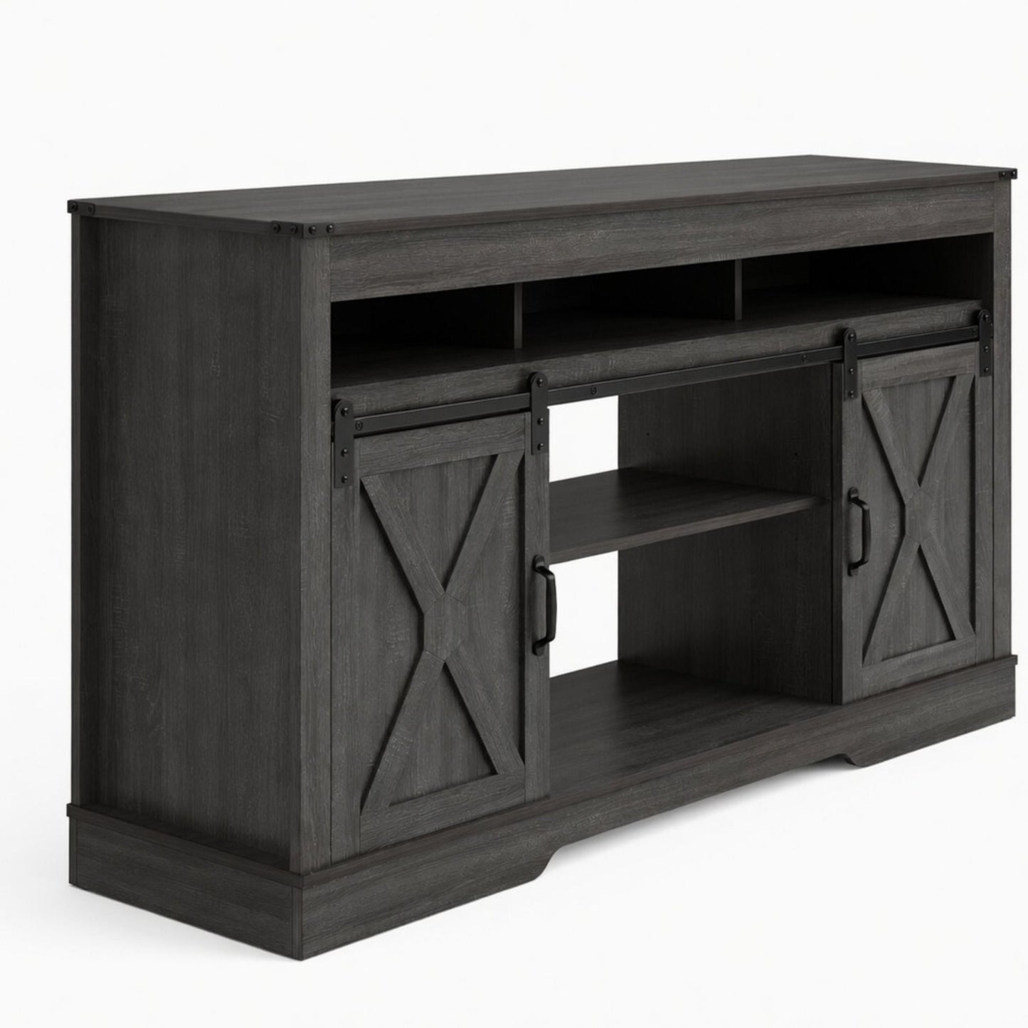 Farmhouse TV Stand With Sliding Barn Doors & Adjustable Storage