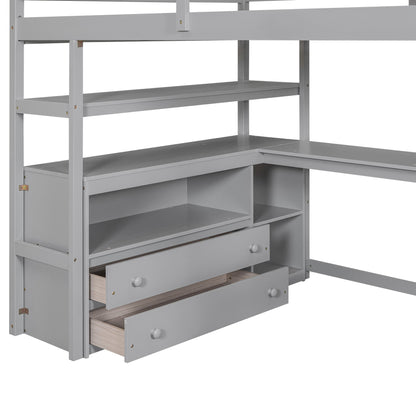 Loft Bed With Desk, Shelves, 2 Drawers, Storage Staircase