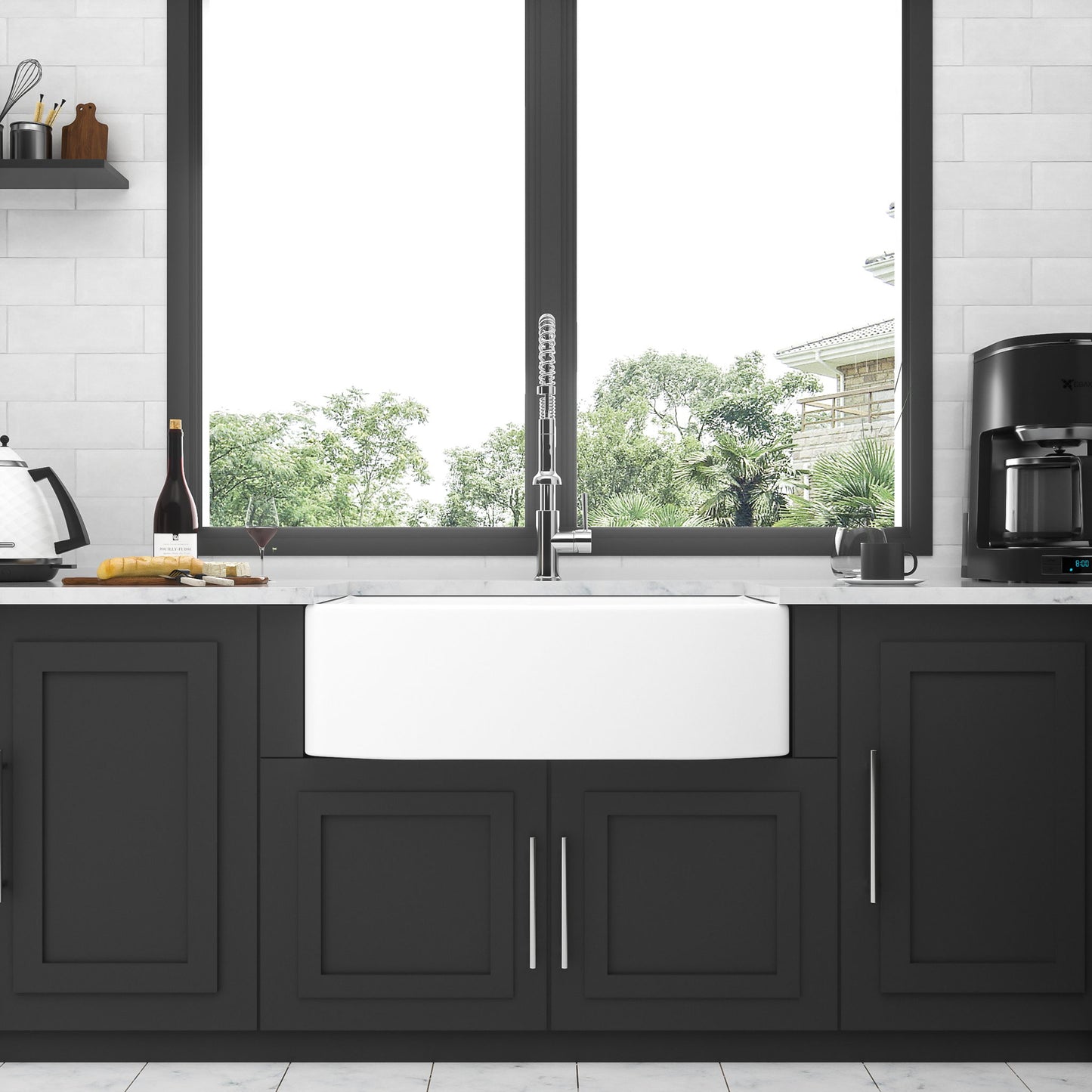 Ceramic Farmhouse Sink, Apron Front Single Bowl With Arch Edge