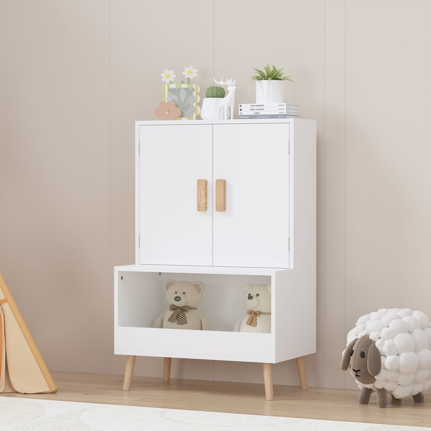 Toy Storage Cabinet With Doors And Open Shelf, Toddler Bookshelf For Playroom - White