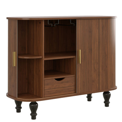 Fluted Liquor & Coffee Bar Cabinet With 6 Wine Racks And 3 Glass Holders