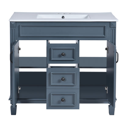 36" Bathroom Vanity With Top Sink, Basin On Cabinet With 2 Soft Closing Doors And 2 Drawers - Blue