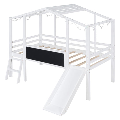 Loft House Bed With Ladder And Slide, With board And Light Strip On The Roof